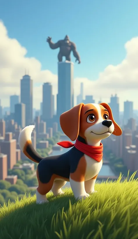 Buster stands on a hill overlooking the city, his ears flopping in the wind. He wears a bright red bandana around his neck, and his big brown eyes sparkle with determination.
- **Physical Features**: Buster is a small, fluffy beagle with a distinct tri-col...