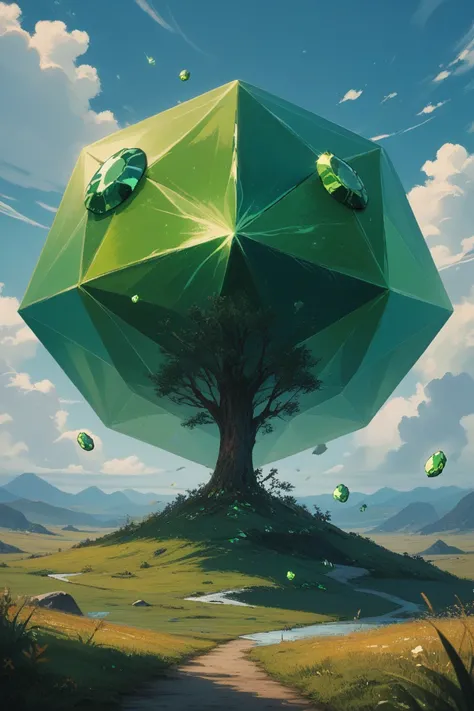 Illustrate a wide shot of 2 green gemstones in the sky, wind is cascading around them. Concept art