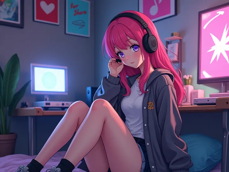 anime-style featuring a girl with pink hair and urban clothing sitting in her room, listening to music on her over-ear headphones. She sways slightly to the beat of electronic music. The room has modern decor, with posters and colored lights, creating a en...