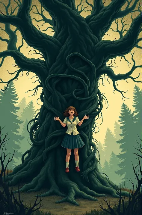 A high-quality, retro-style horror illustration featuring a large, twisted, and terrifying tree with detailed dreadlock-like vines fully visible, wrapping tightly around a schoolgirl in a classic uniform. The girl is suspended above the ground, held tightl...