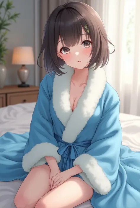 Asian woman in arafed in blue and white robe sitting on bed, Pastel paintings inspired by Len May, Pixiv, What is it?？, Soft Breasts, Sky blue thick fur robe,  realistic young gravure idol , Flexible body, wearing a blue robe,  charming anime girl,  anime ...