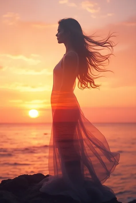  high quality，8K Ultra HD，美丽的Double Exposure， combines the silhouette of a goddess with the sunset coast， The sunset coast should be used as the bottom background ，Details are integrated into the silhouette of the goddess， clear lines ，The background is so...