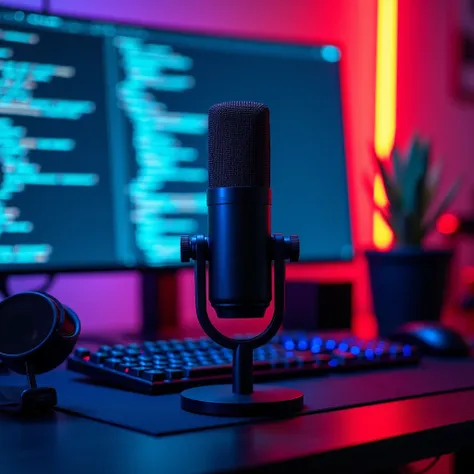 A professional podcast microphone on a desk, with a modern, sleek design in matte black. In the background, theres a computer monitor displaying lines of code, creating a tech-focused atmosphere. The scene is illuminated with vibrant cyberpunk-style neon l...