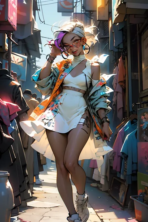 ( High resolution :1.2), super detailed , Realistic , sharp focus ,Colorful,walls, graffiti-covered ,street artist girl,bright clothes, passionately sings , energetic performance ,street art backdrop, city atmosphere ,Lively street scene, hustle and bustle...