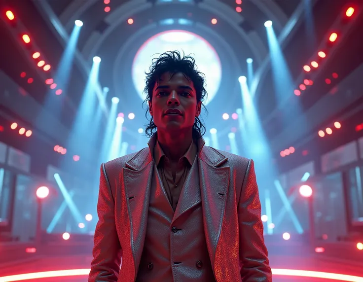  image of Michael Jackson with a futuristic background ,**  surrounded by concert lights and special effects,  with the title “Michael Jackson in 2024 : The Return That Never Was” .