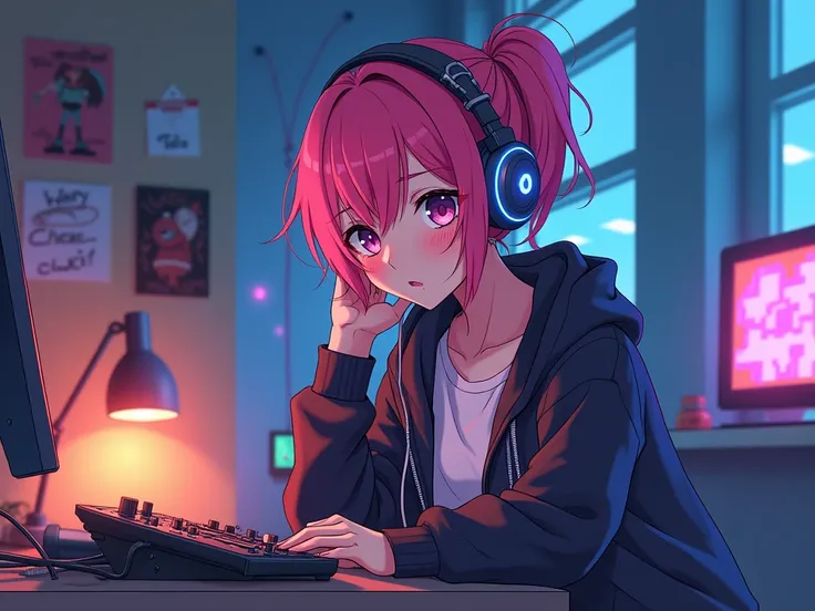 anime-style featuring a girl with pink hair and urban clothing sitting in her room, listening to music on her over-ear headphones. She sways slightly to the beat of electronic music. The room has modern decor, with posters and colored lights, creating a en...