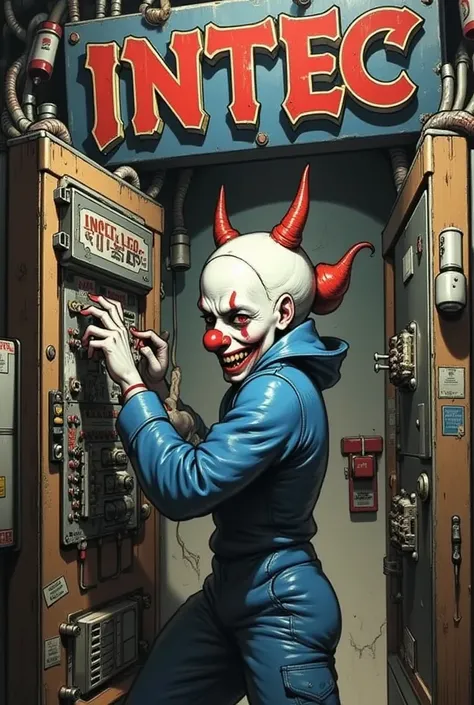 Hells clown who is remodeling a switchboard、There is a death metal band style logo with a large 「intec 」 written on the wall in the background、 cyberpunk style server room 、 lots of cords connected、 blue work suit and a white helmet 