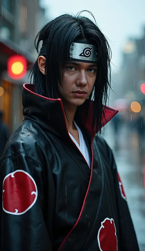 Close up portrait of a man imitating the character UCIHA ITACHI from the anime series Naruto Shippuden, UCIHA ITACHIs costume is a long black Akatsuki robe patterned with red Akatsuki clouds, a Konoha headband. he stands in the rain, with his head turned t...