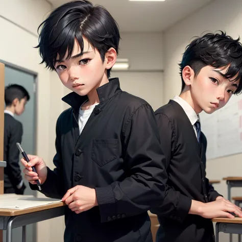 (a boy, 1 boy : 1.3), solo, solo focus,(15years old),japanese boy,short black hair,serious expression, holding a textbook,some c...