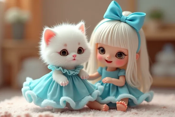 Fluffy white kitten is wearing a blue ruffle dress、Im wearing a blue ribbon on my head、