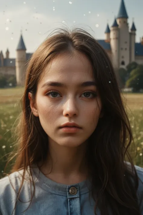 Face focus, girl,  jeans, Meadow Background, Makeup ,  Korean ,  long hair in the castle, Bright , Depth of focus , In detail, High contrast,  film particles , dslr,  distinct features, Slender face , Active appearance 