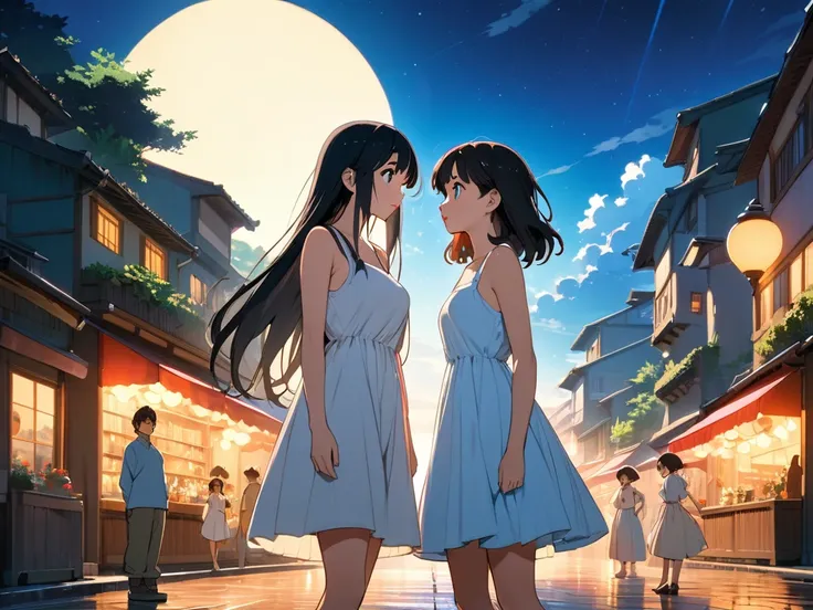 Ghibli style,(masterpiece, Best Quality:1.2), figure, anime, (Wide Shot), Model shoot,,One Girl, (Underarm), Long black hair, Pretty lips, Beautiful Face, beautiful eyes, White sundress, Backlight, Vibrant colors, night, 8k, Ultra HD,My younger self and my...