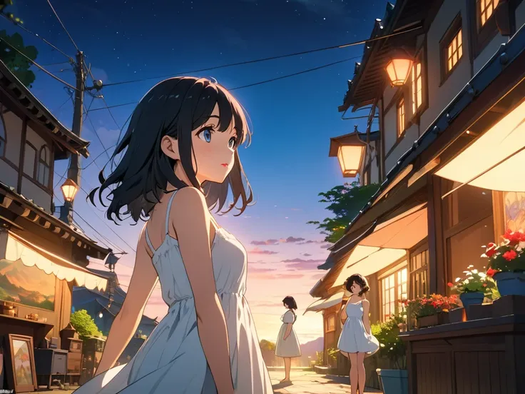 Ghibli style,(masterpiece, Best Quality:1.2), figure, anime, (Wide Shot), Model shoot,,One Girl, (Underarm), Long black hair, Pretty lips, Beautiful Face, beautiful eyes, White sundress, Backlight, Vibrant colors, night, 8k, Ultra HD,My younger self and my...