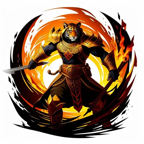 TIger-Warrior with his Blade , circular heraldic silhouette, logo masking style illustration , white background, fantasy art, mysterious, realistic, majestic, rich vivid colors, high contrast, seamless water brand, art station, deviant art, dribbling, red ...