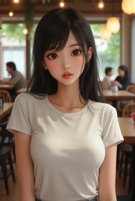 Vietnamese Woman with long hair、Normal Breasts、 White Drenched Tee 、Slightly slanted eyes、A little surprised face, look reality, posing in the coffee shop, not too pretty, normal like office girl