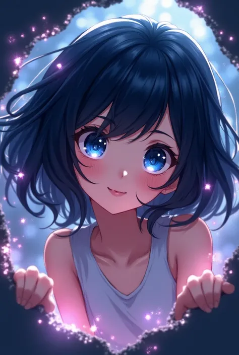  blue eyes, Black Hair,  medium hair, smile,  character,  stick out of the screen,  glitter effect,  anime style, 