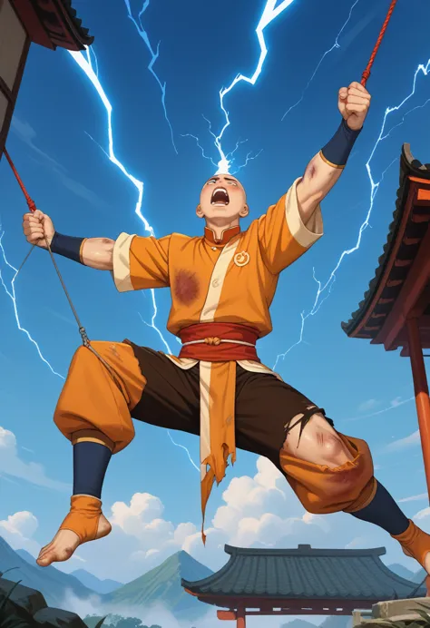 avatar aang, the last airbender, full body,  bald, he is being electrocuted by  a powerful bolt of blue lightning, he is suspend...