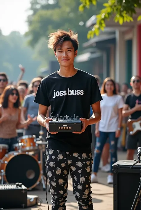 ,a 25-year-old white young Vietnamese male singer is standing holding the mix smiling sweetly looking ahead wearing punk pants and a black T-shirt with the inscription "joss buss .  Guitar and other musical equipment background , Bright and crowded atmosph...