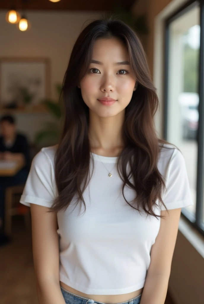 Vietnamese Woman with long hair、Normal Breasts、 White Drenched Tee 、Slightly slanted eyes、A little surprised face, look reality, posing in the coffee shop, not too pretty, normal like office girl