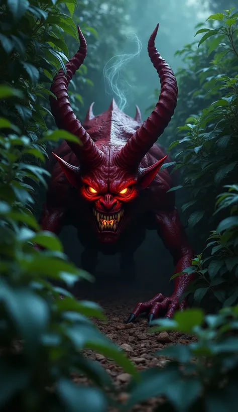 A red-skinned satanic demon with large horns was hiding in the bushes. Its eyes were glowing red.