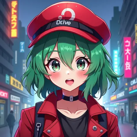 Anime style girl with red jacket and red hat but with green hair with a cyberpunk background, icon mode for application 