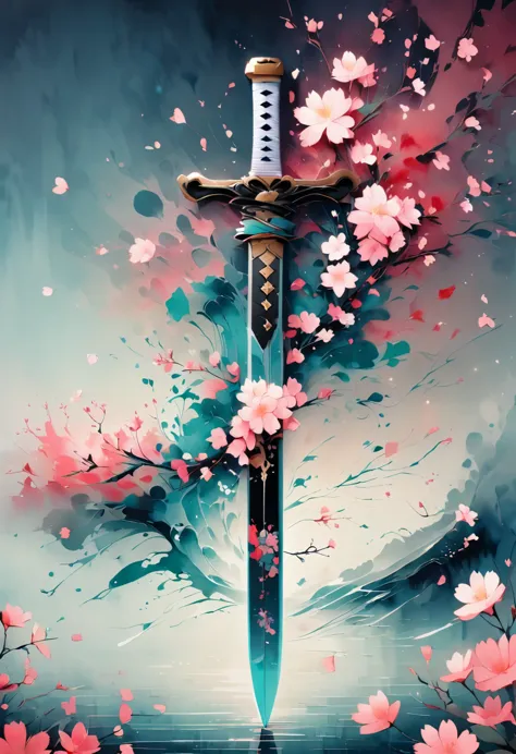 masterpiece, best quality, high detailed, newest,1sword, the sword is entwined with delicate cherry blossom branches. flower lea...