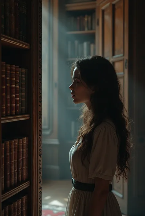  While visiting her aunts historic mansion,Zoe noticed a faint breeze coming from behind a bookshelf. 