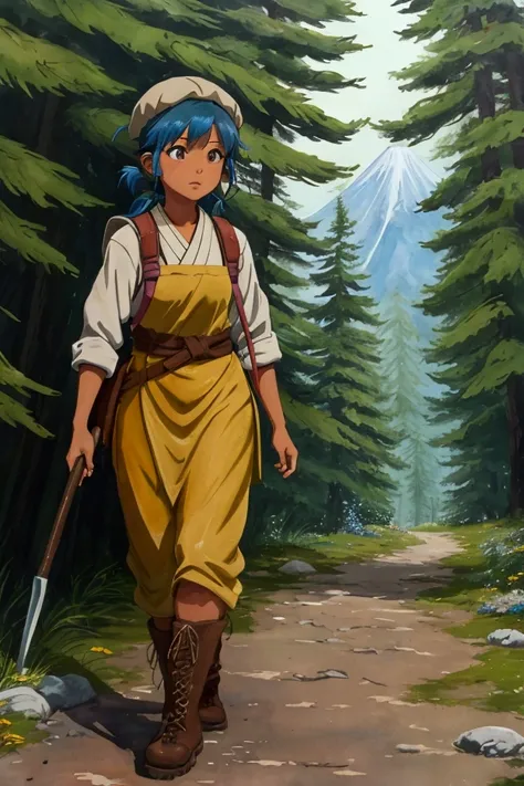 Acrylic and watercolor-inspired artwork of a young, tan-skinned girl in a Japanese anime-style character design, walking along a forest path. She has a small, like build with a healthy, vibrant tan complexion. The girl is dressed as a mountaineer with a wo...