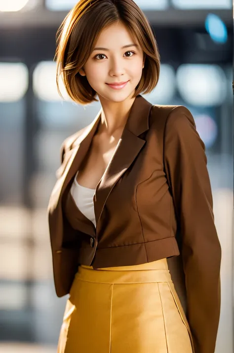 (8k, RAW photo, photorealistic, HQ, masterpiece), a cute Japanese woman, (glowing eyes), 
(light Smile:0.1), brown hair, (Stylish business suit, Pencil Skirt:1,4), large breasts,  
blurred background, depth of field, natural lighting, backlighting, face li...