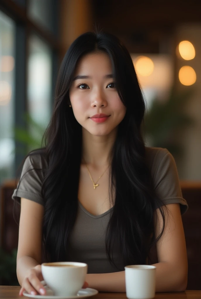 Vietnamese Woman with long straight black hair、Normal Breasts、A little surprised face, look reality, posing in the coffee shop, not too pretty, normal like office girl