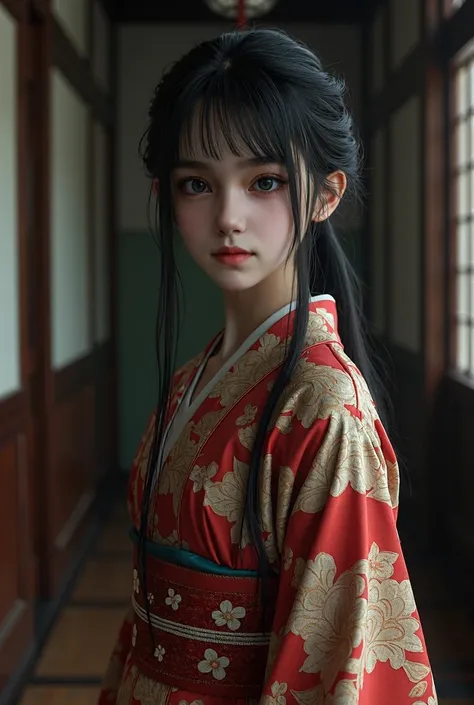 Realistic like a photo, full body, dark atmosphere, pretty female teenager, big wide eyes, wearing kimono, obi, thin bang, black hair, very long hair, pale white skin, small lips, master piece, photorealistic, amazingly detailed face, maximum resolution, c...