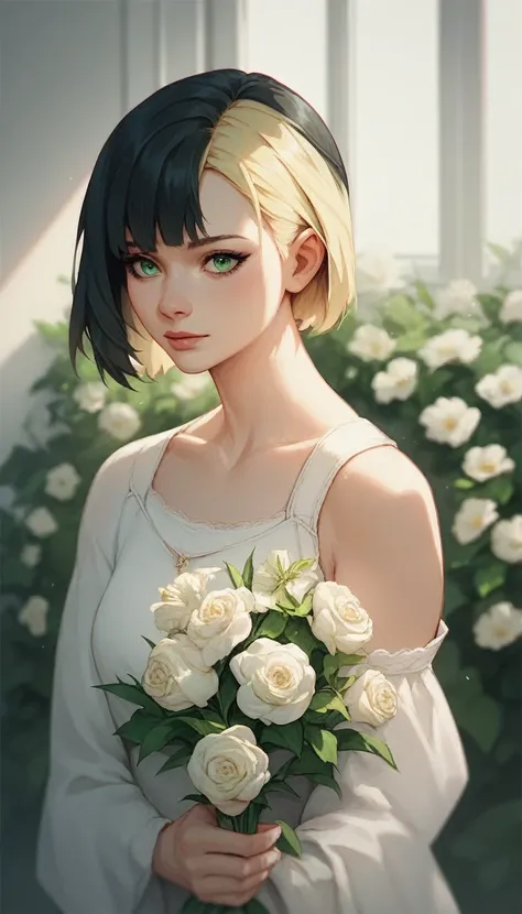  Masterpiece, height, best quality, 1 girl,  alone , Black hair inside green,  blonde bangs , Medium hair, Wolf Cut Hairstyle, Green eyes ,  Upper Body , Holding flowers