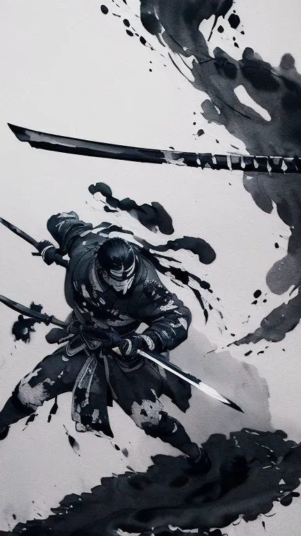 (Ink Painting:1.7)（Ronin:1.3）( Japanese Knife:1.4)( swing down their swords:1.2)( Blood Splashes of Ink :1)(dynamic angle:1.2)