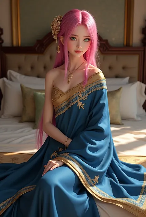 There is a sakura haruno in a blue and gold sari posing on a bed ...