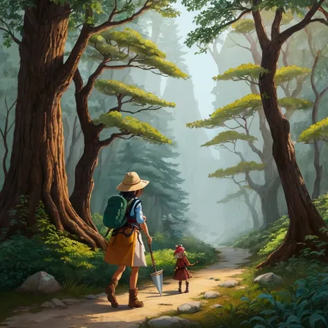 Acrylic and watercolor-inspired artwork of a young, tan-skinned girl in a Japanese anime-style character design, walking along a forest path. She has a small, like build with a healthy, vibrant tan complexion. The girl is dressed as a mountaineer with a wo...