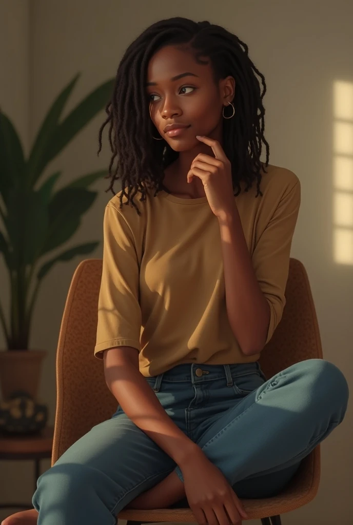 An african american girl around 26 years old, sitting on a chair