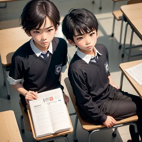 solo, solo focus,(15years old),japanese boy,short black hair,serious expression,sitting at the desk,holding a textbook,classroom...