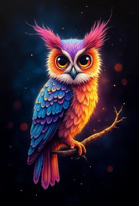 a painting of a colorful owl on a black background,, impressive representation, within a radiant connection, Inspired by Kinuko Y. handicraft,, magic elements, kitten icon, Wow, It&#39;s nice, casting a multi-colored spell, bright flash, flash  