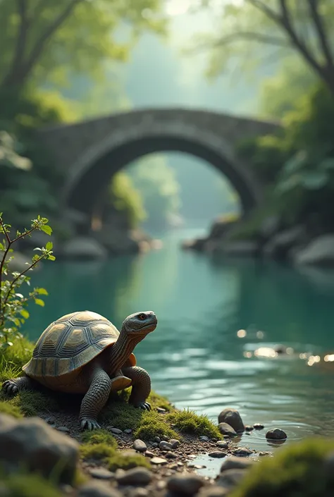 A serene tortoise arriving at the river, proposing a plan to rebuild the bridge using patience and teamwork.