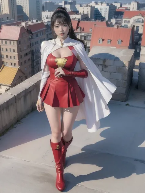 masterpiece, best quality,  mary marvel, white cape, red dress, red skirt, long sleeves, bracer, large breasts, looking at viewe...