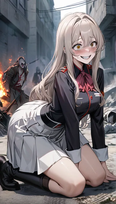 masterpiece, high quality,  from the anime overlord's albedo {x} city ruins and fires in the background, anime girl kneeling on ...