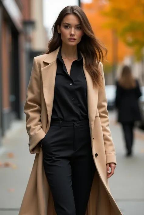 /imagine prompt: Street fashion photography capturing long beige cardigan and black ensemble, urban sidewalk setting with autumn foliage, casual contemporary atmosphere, fashion editorial style, natural diffused daylight, neutral tones with focus on camel ...