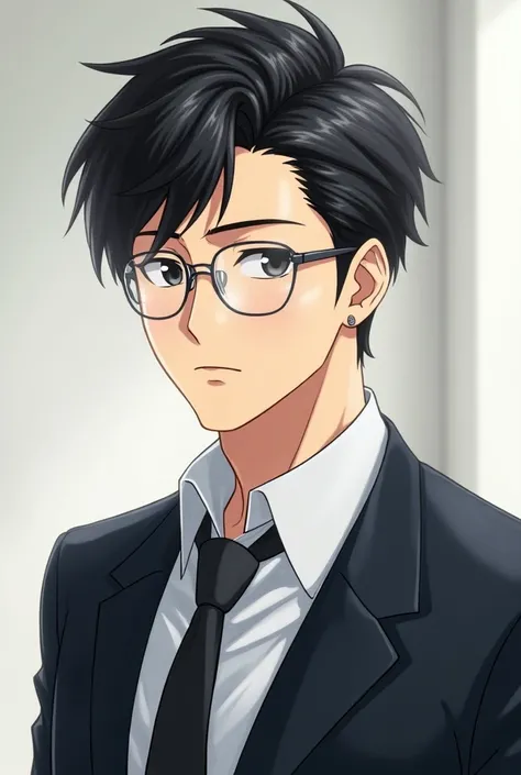 A handsome adult man,  black hair , CEO, with round-shaped lenses, some ear piercings . without makeup.  The anime-style image 