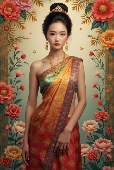 full length fornt 
The view of a beautiful Thai girl, 20 years old, single, smooth, bright.
White skin, dressed in traditional Thai clothing Fine gradient gold, red Chomphu, purple, green  emphasizing
body characteristics The body is surrounded by Thai Kra...