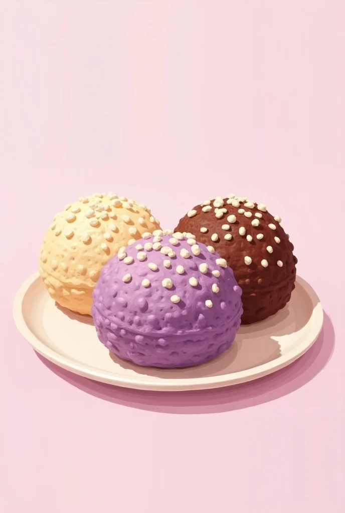 1 circle medium ball cream color pastillas with large white rice krispies grain coat, 1 circle medium ball chocolate color pastillas with white rice krispies grain coat, 1 circle medium ball ube color pastillas with white krispies garin coat, overall 3 of ...