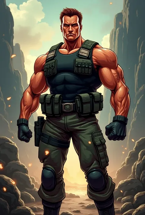 Arnold Schwarzenegger animated Image as commando image for printing on tshirt with a good background