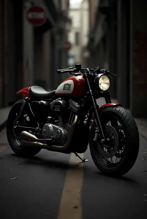 A bobber bike with red and white colour 
