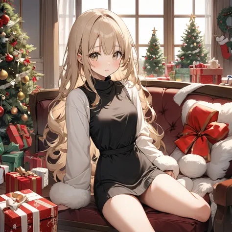 high resolusion, master piece, a lazy girl, cute, fluffy long beige hair, beige eyes, black high neck, long sleeve, wool one piece, traditional christmas, antique living room, present box,