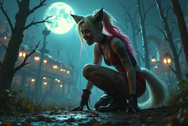 In an abandoned amusement park, Harley Quinn is mid-transformation into a werehyena, crouched on all fours beneath the fractured moonlight that filters through broken trees and rusted ride structures. Wherever the moonlight touches her skin, the transforma...