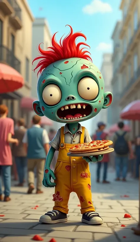 Create a very detailed and cute cartoon style zombie character called combi. The zombie should have a round head with big wide eyes and a wide open mouth, giving it a cheerful and slightly creepy expression. Its skin is blue-green with cracks and some scar...